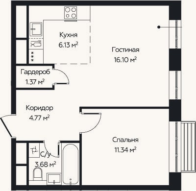 Планировка: 2-к, 43,4 м²