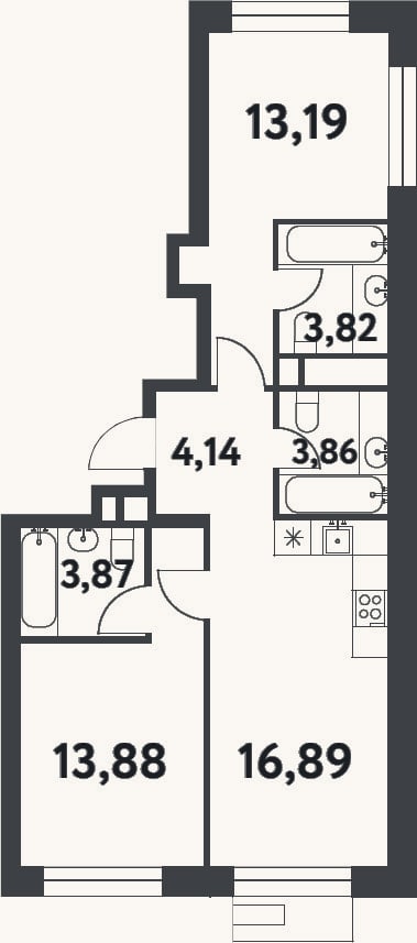 Планировка: 2-к, 59,7 м²
