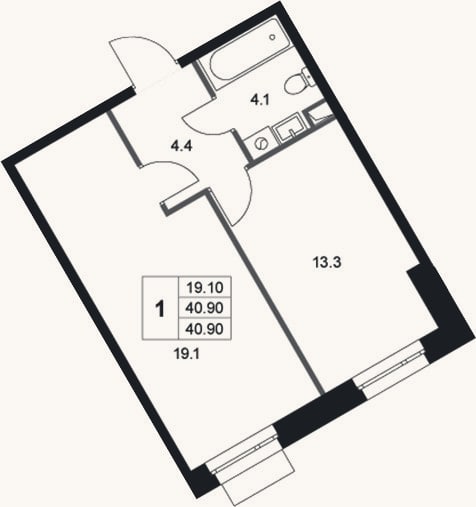 Планировка: 1-к, 40,9 м²