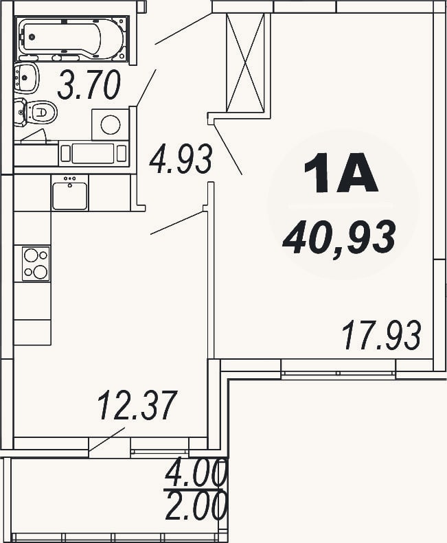 Планировка: 1-к, 38,9 м²