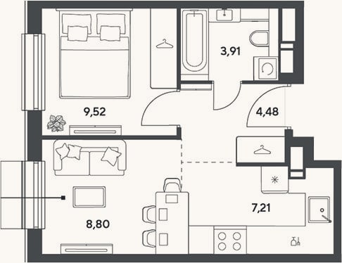 Планировка: 2-к, 33,9 м²