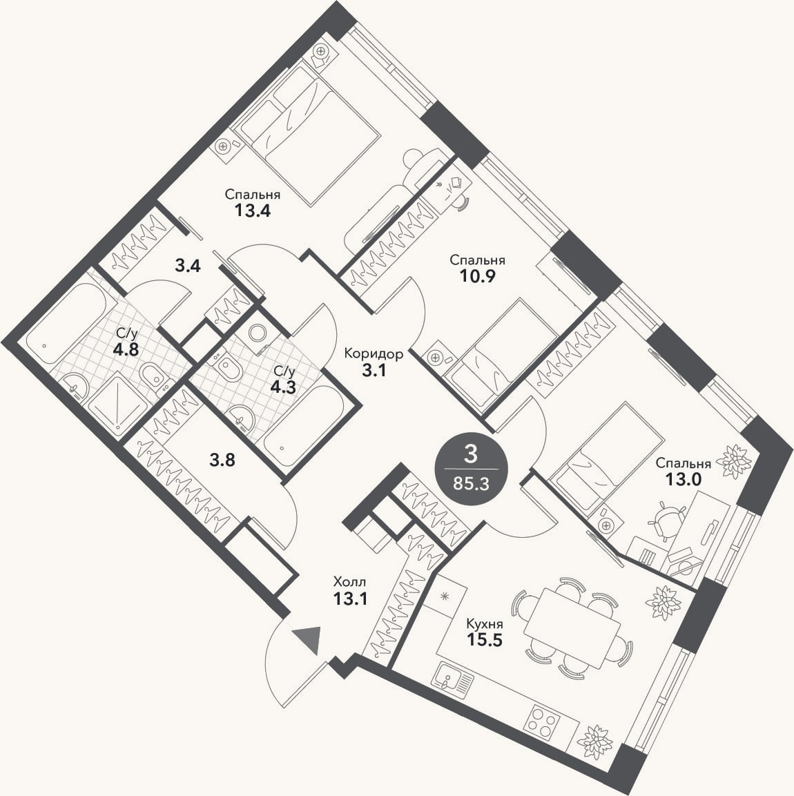 Планировка: 4+ к, 85,3 м²