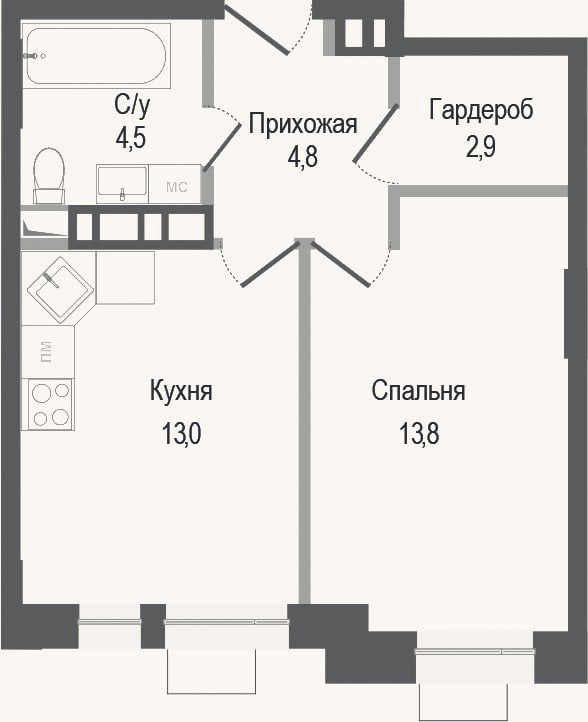 Планировка: 1-к, 39 м²