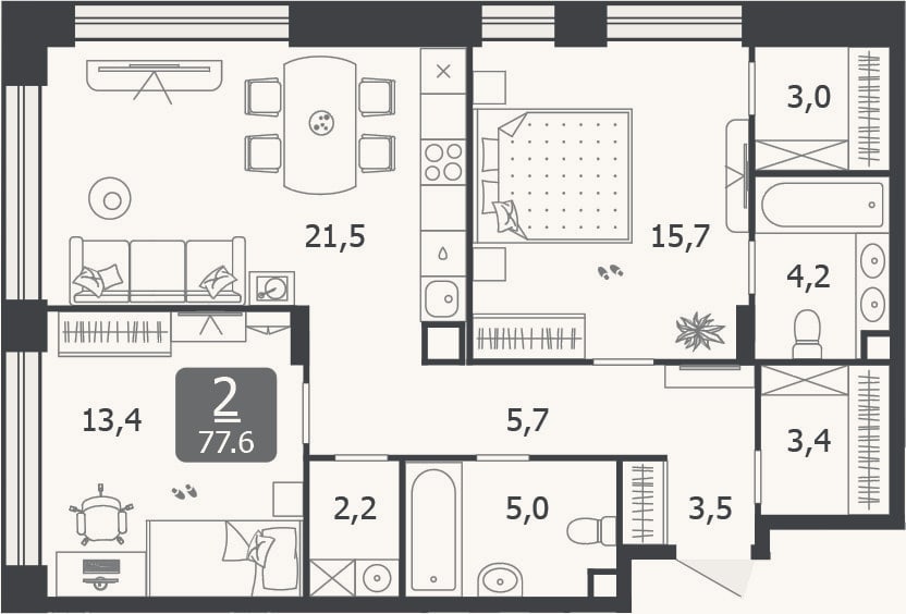 Планировка: 3-к, 77,6 м²