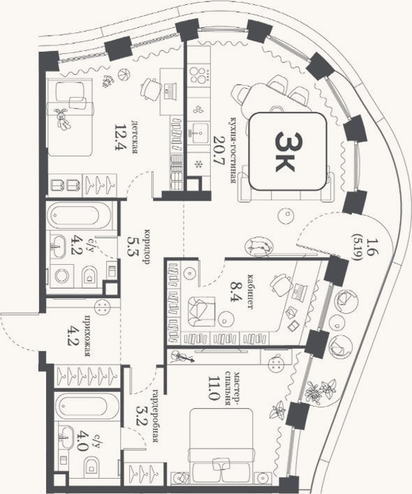 Планировка: 3-к, 73,4 м²