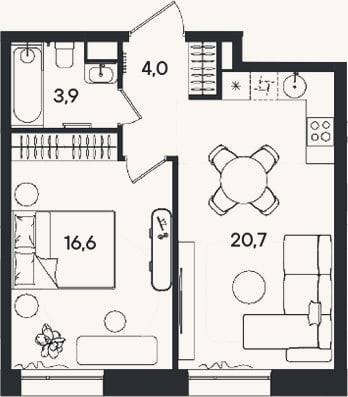 Планировка: 2-к, 45,2 м²