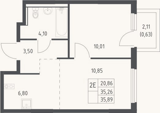Планировка: 2-к, 35,3 м²