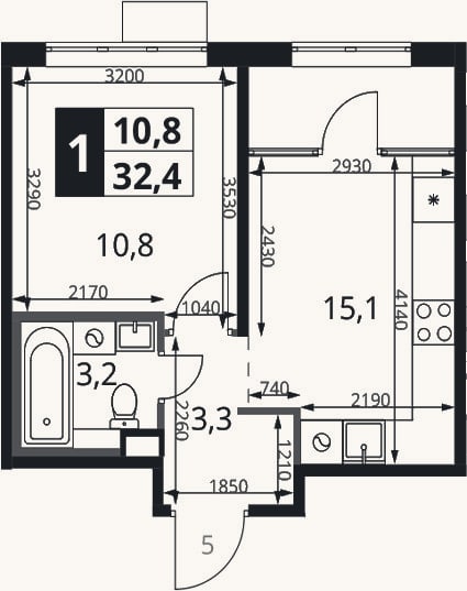 Планировка: 1-к, 32,4 м²