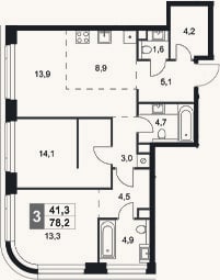 Планировка: 3-к, 78,2 м²