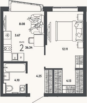 Планировка: 2-к, 36,3 м²