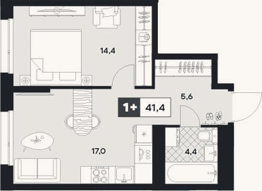 Планировка: 1-к, 41,4 м²