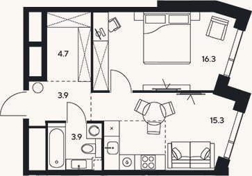 Планировка: 1-к, 44,1 м²