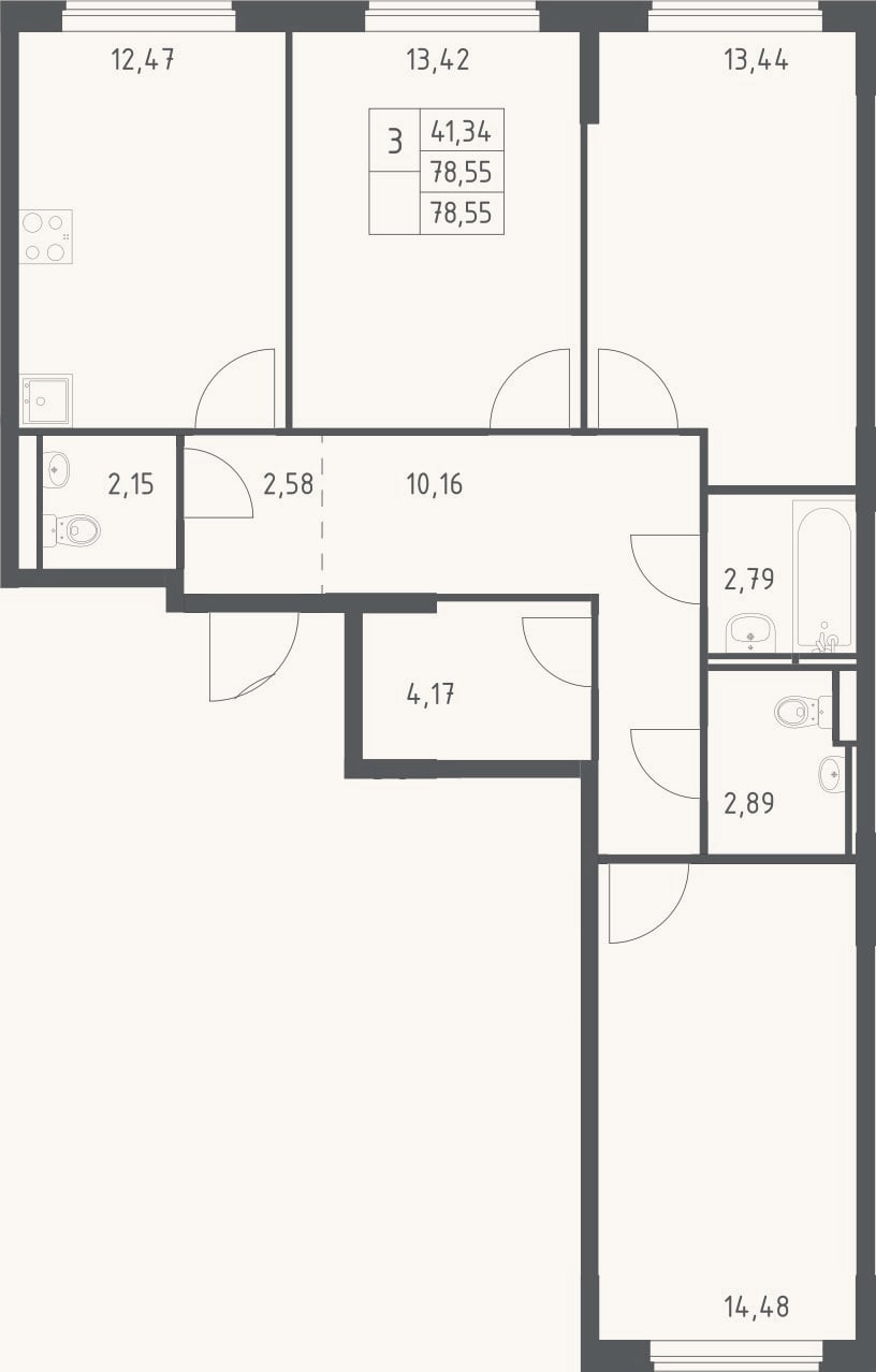 Планировка: 3-к, 78,6 м²