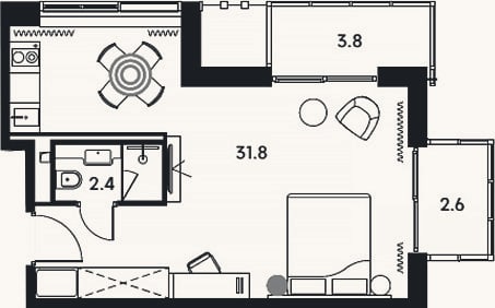 Планировка: Студия, 34,2 м²