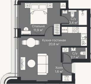 Планировка: 2-к, 40,4 м²