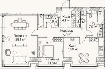 Планировка: 2-к, 83,4 м²