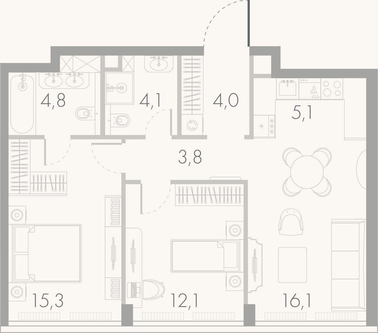 Планировка: 3-к, 65,3 м²