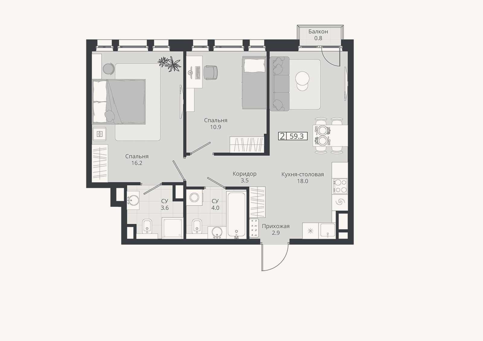Планировка: 3-к, 59,1 м²