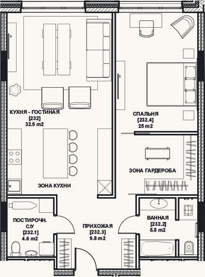 Планировка: 2-к, 75 м²
