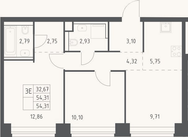 Планировка: 3-к, 54,3 м²