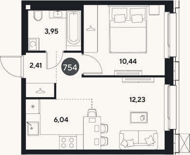 Планировка: 2-к, 35,1 м²