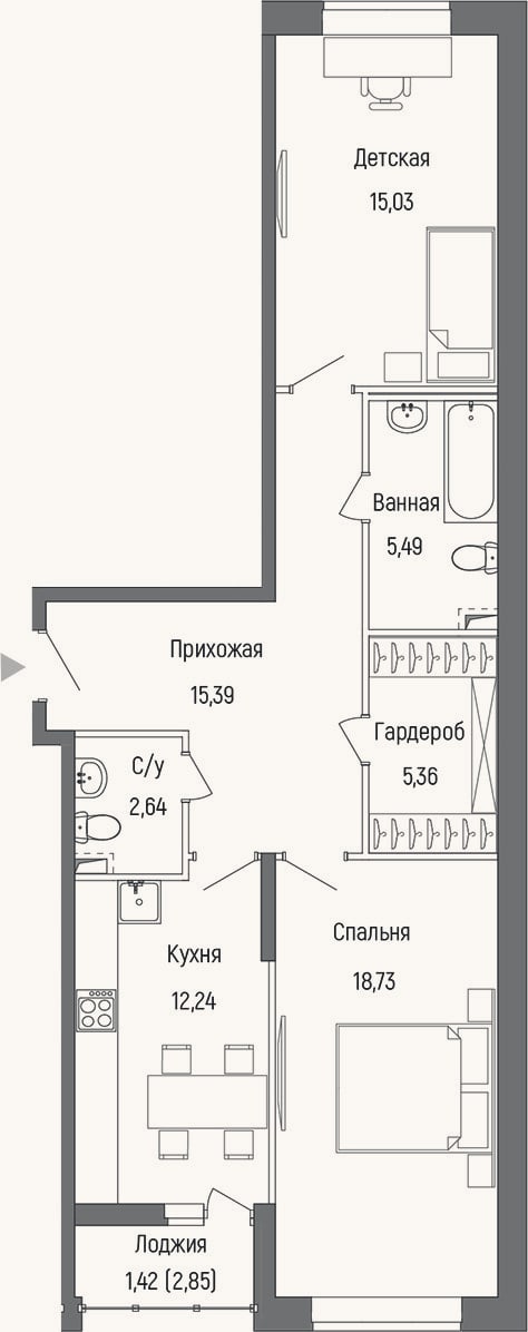 Планировка: 2-к, 74 м²