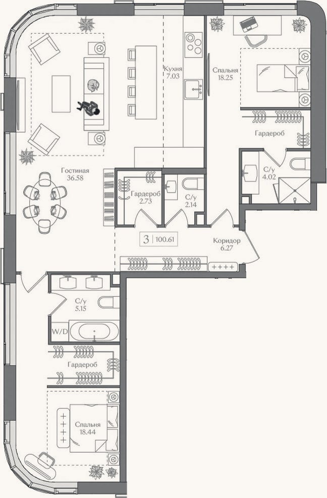 Планировка: 3-к, 100,6 м²