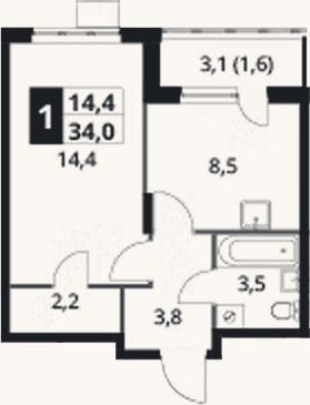 Планировка: 1-к, 32,4 м²