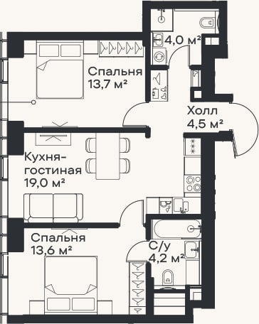 Планировка: 3-к, 59 м²