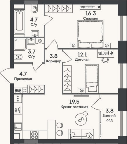 Планировка: 3-к, 64,8 м²