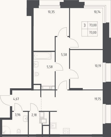 Планировка: 3-к, 73 м²