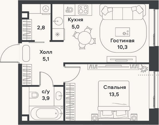 Планировка: 2-к, 40,6 м²