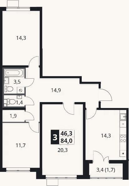 Планировка: 3-к, 82,3 м²