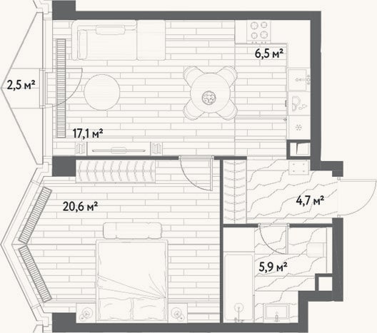 Планировка: 2-к, 54,8 м²