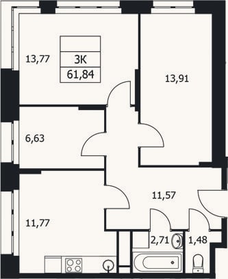 Планировка: 3-к, 61,8 м²