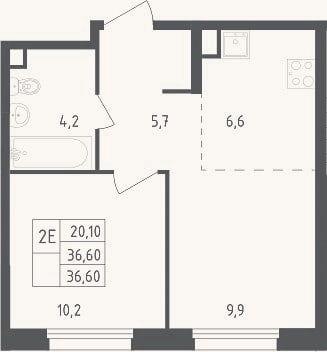 Планировка: 2-к, 36,6 м²