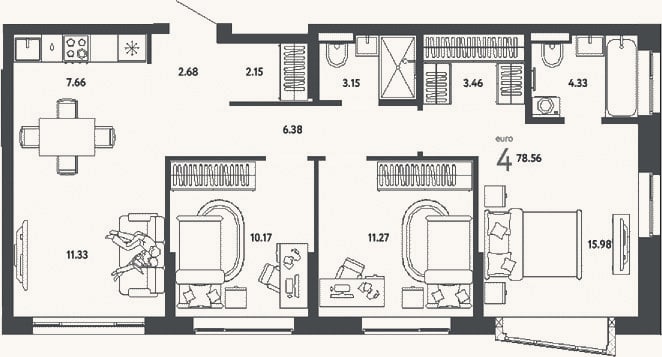 Планировка: 4+ к, 78,6 м²