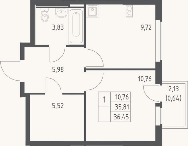 Планировка: 1-к, 35,8 м²