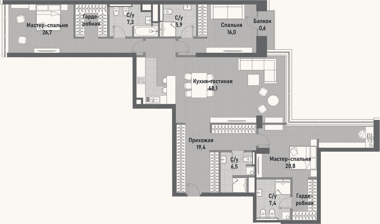 Планировка: 4+ к, 159,5 м²