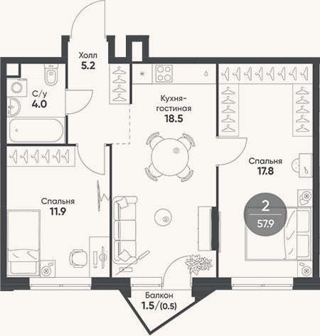 Планировка: 3-к, 57,4 м²