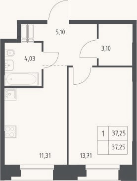 Планировка: 1-к, 37,3 м²