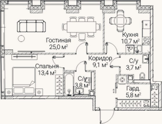 Планировка: 2-к, 71,5 м²