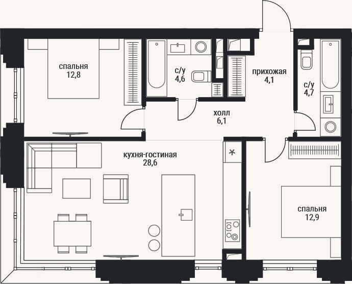 Планировка: 3-к, 76,3 м²