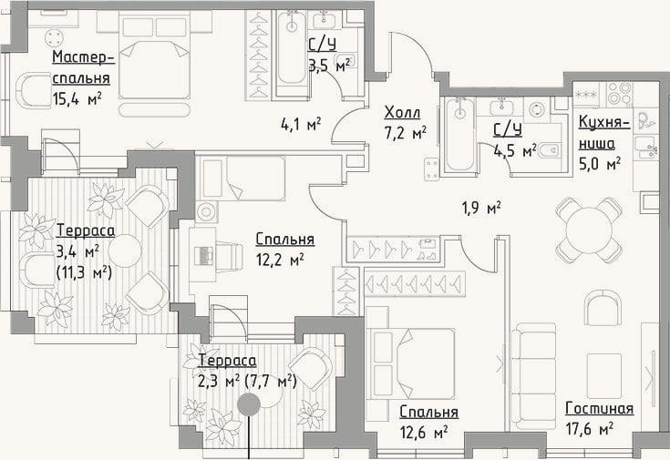 Планировка: 4+ к, 84 м²