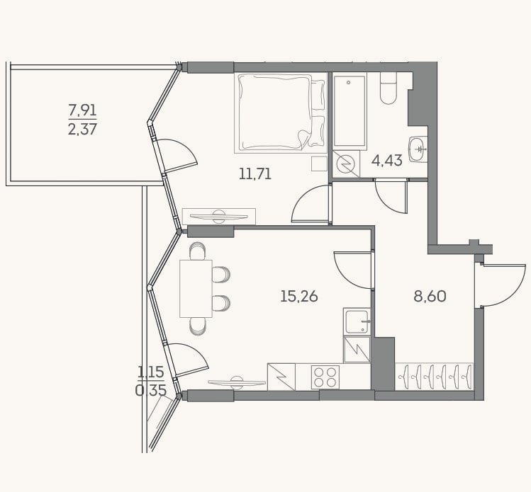 Планировка: 1-к, 40 м²