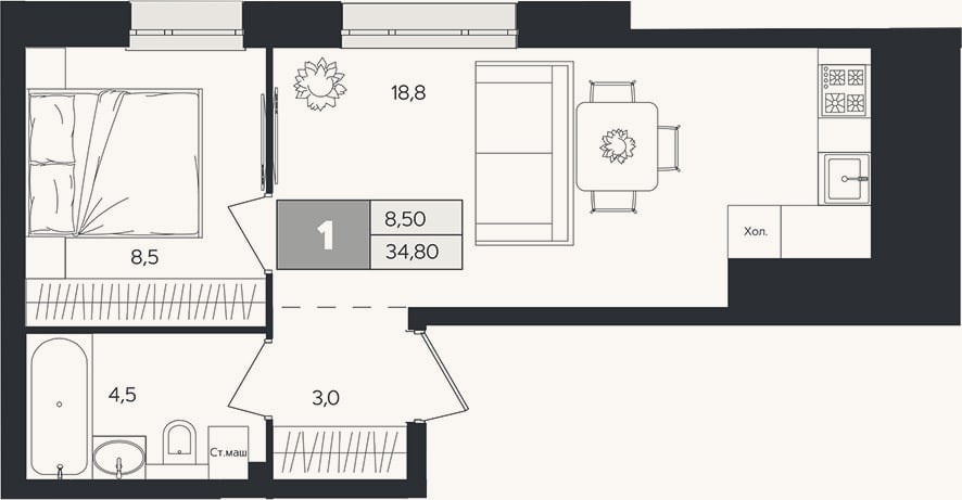 Планировка: 1-к, 34,8 м²