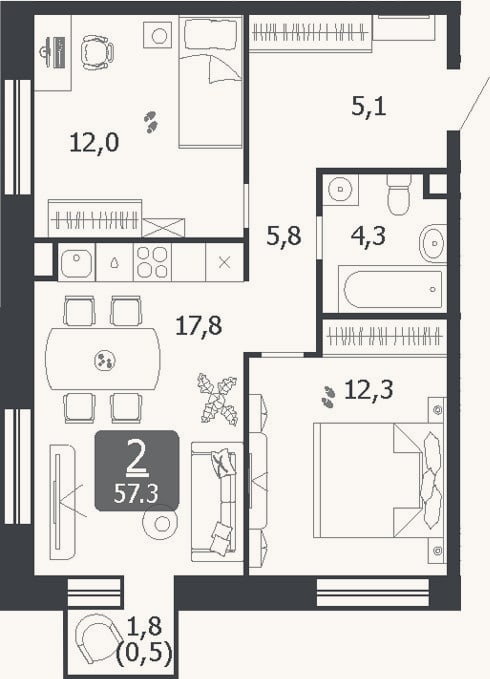 Планировка: 3-к, 57,3 м²