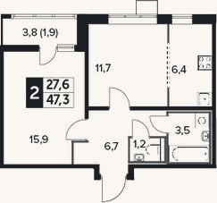 Планировка: 2-к, 45,4 м²