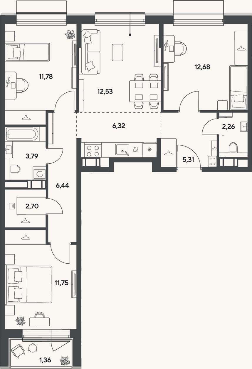 Планировка: 4+ к, 75,6 м²