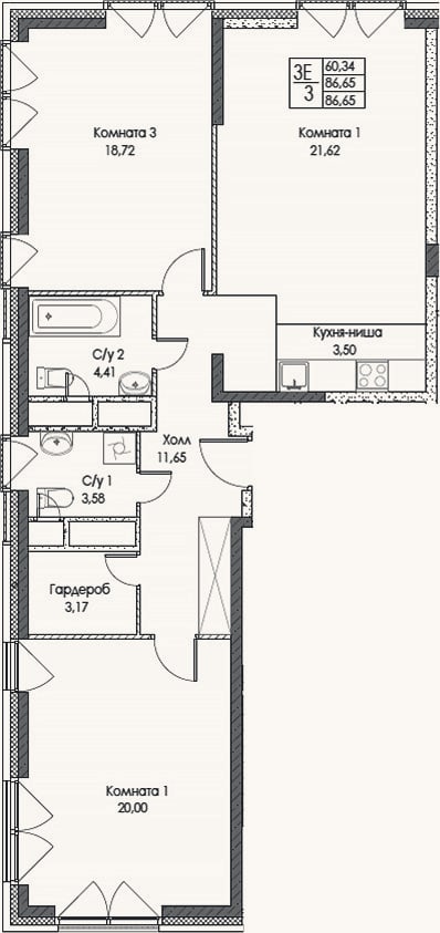 Планировка: 3-к, 86,7 м²